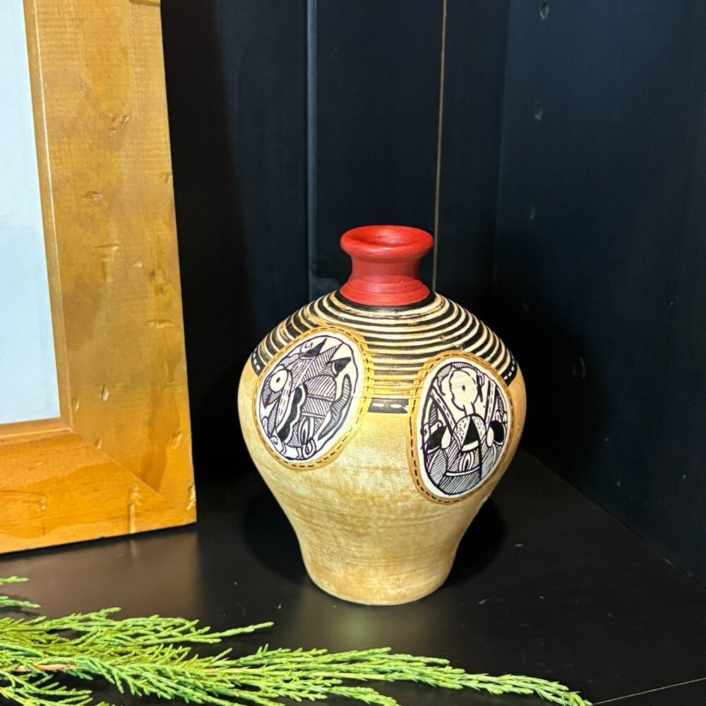 Terracotta Hand Painted Madhubani Matki Shaped Vase, Red, Gold and Black, India